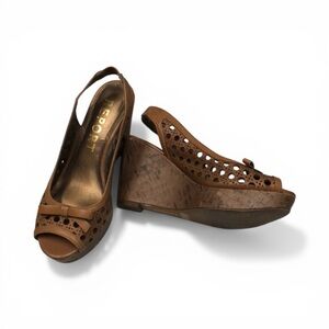 Report Tan Perforated Slingback Wedge Sandals